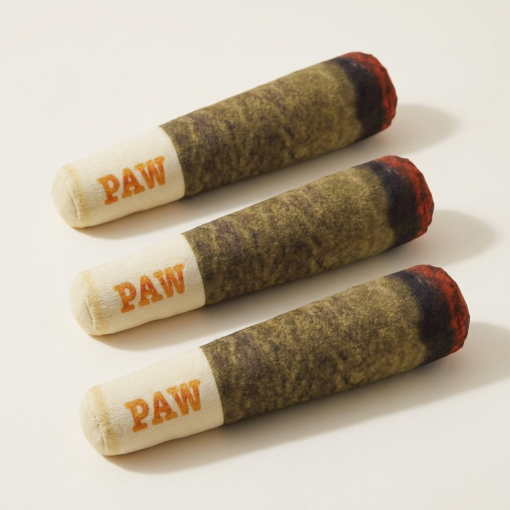Three-piece set of identical PAW cigar-shaped plush dog toys