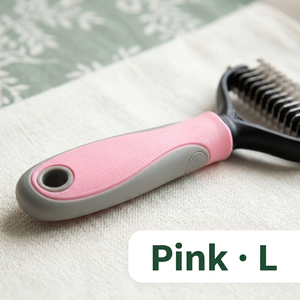 Pink L deshedding and dematting brush with color and size label