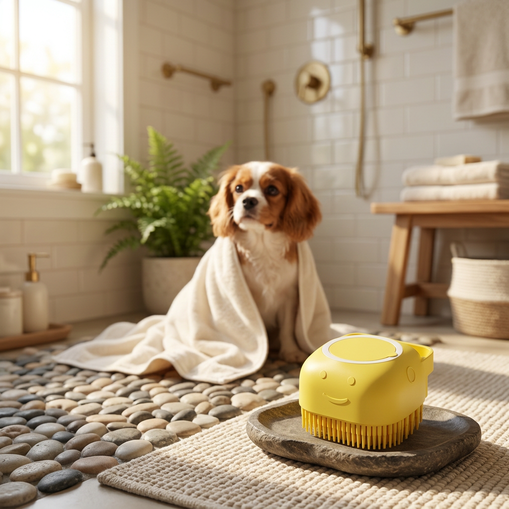 Yellow bathing brush with a towel-wrapped spaniel in the background