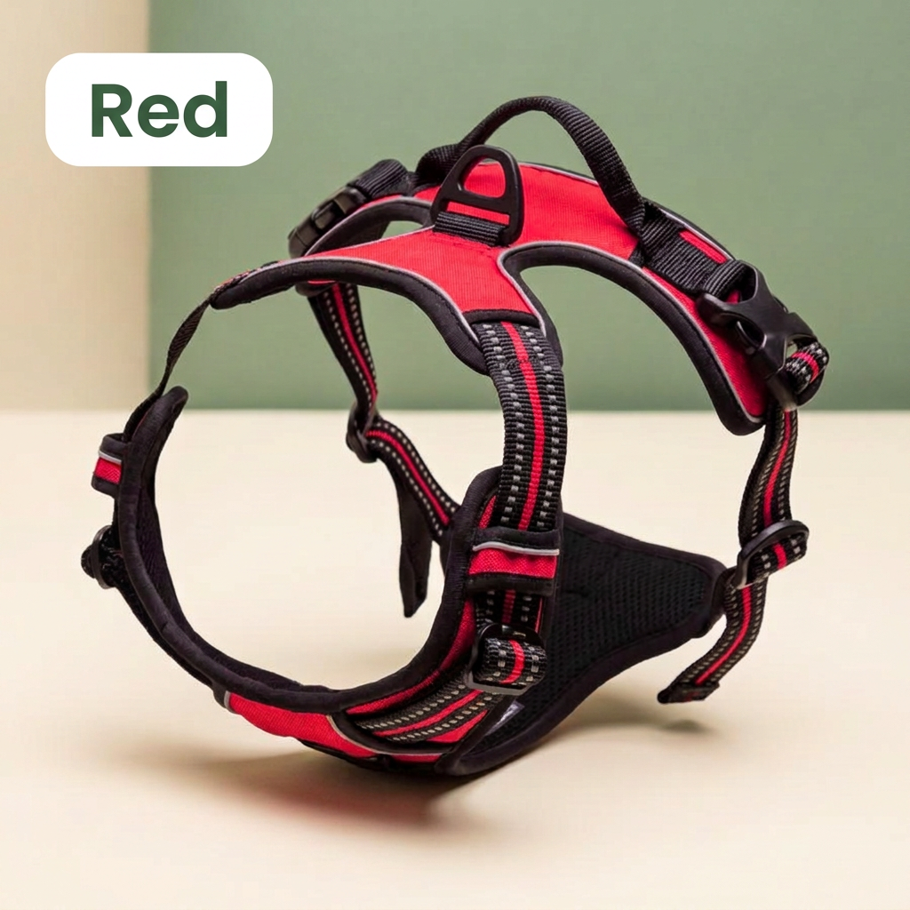 Red top-handle dog vest harness with Red color label