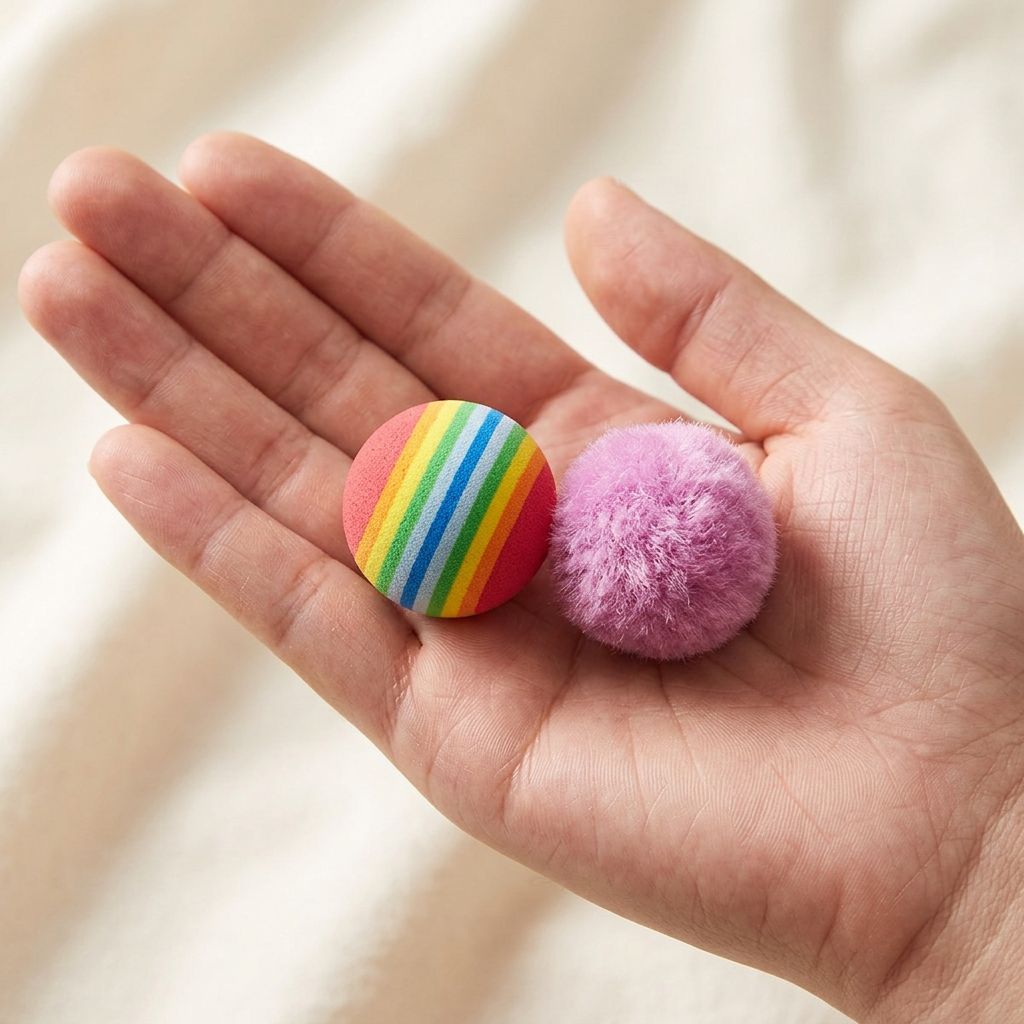 Striped toy ball and fuzzy pompom shown in an adult hand