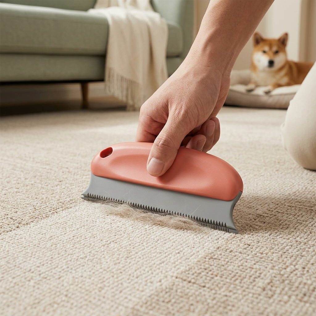 Hand using the coral hair remover on a low-pile rug with a Shiba Inu in the background