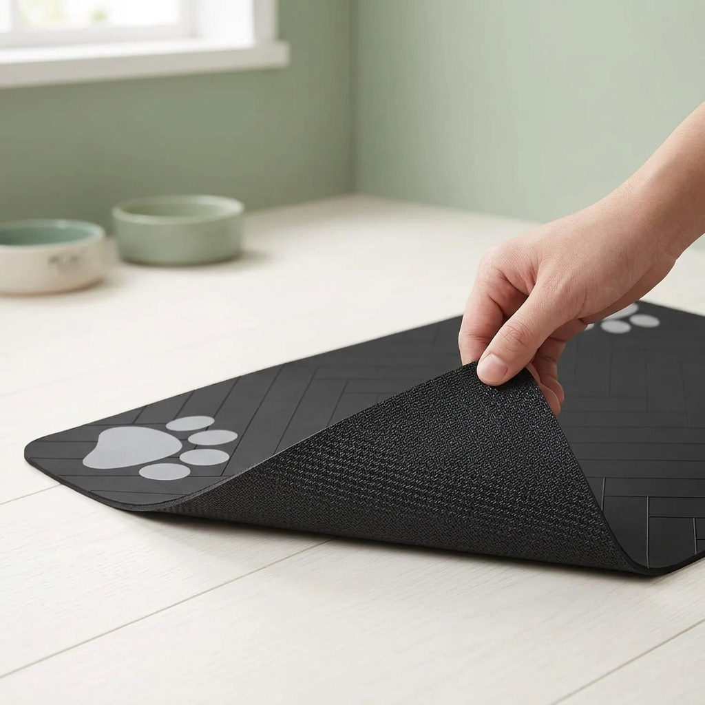 Lifted corner showing the feeding mat's textured black rubber backing