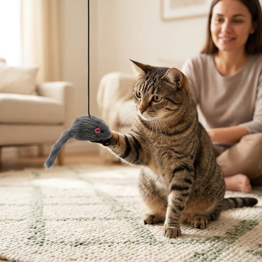 Tabby cat batting the hanging mouse during supervised play