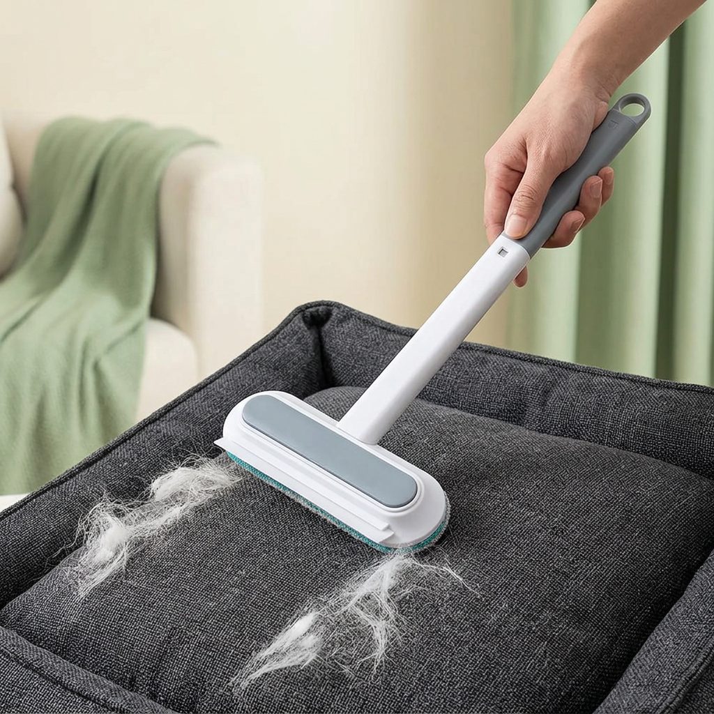 Adult removing loose fur from a dark grey pet-bed cushion