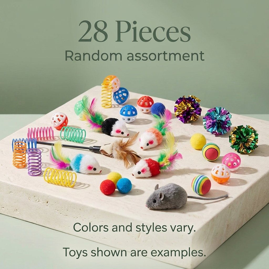 Representative cat toy assortment labeled 28 Pieces, with colors and styles varying and toys shown as examples