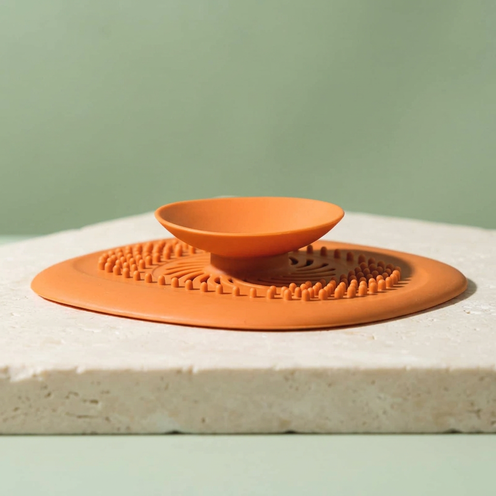 Low side view of an orange drain catcher showing its flat rim and raised center