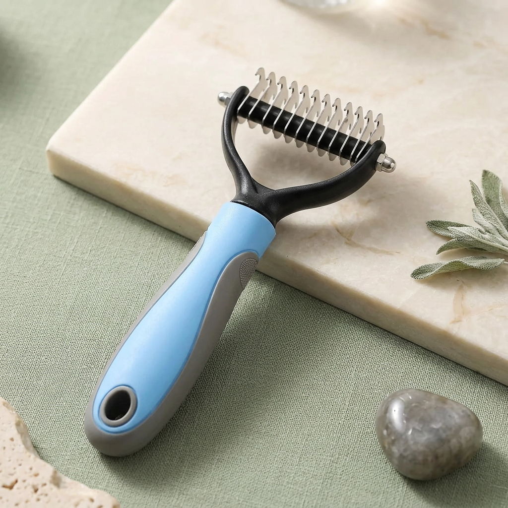 Blue small double-sided dog deshedding brush