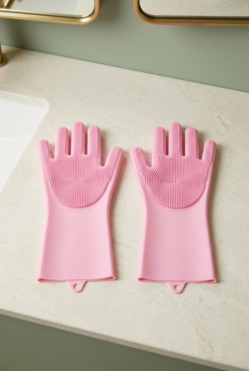 Portrait composition of pink grooming gloves on ivory stone