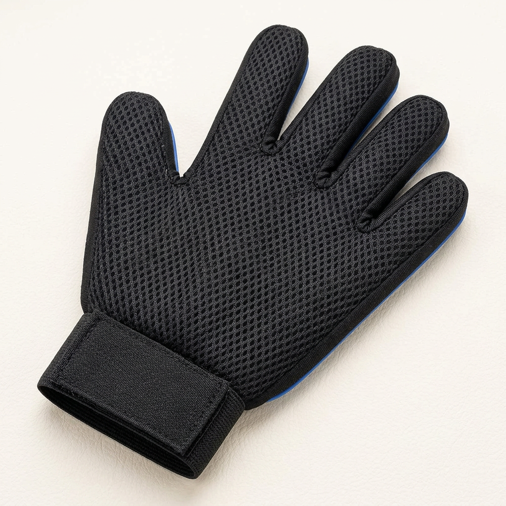 Black mesh back of a five-finger pet grooming glove
