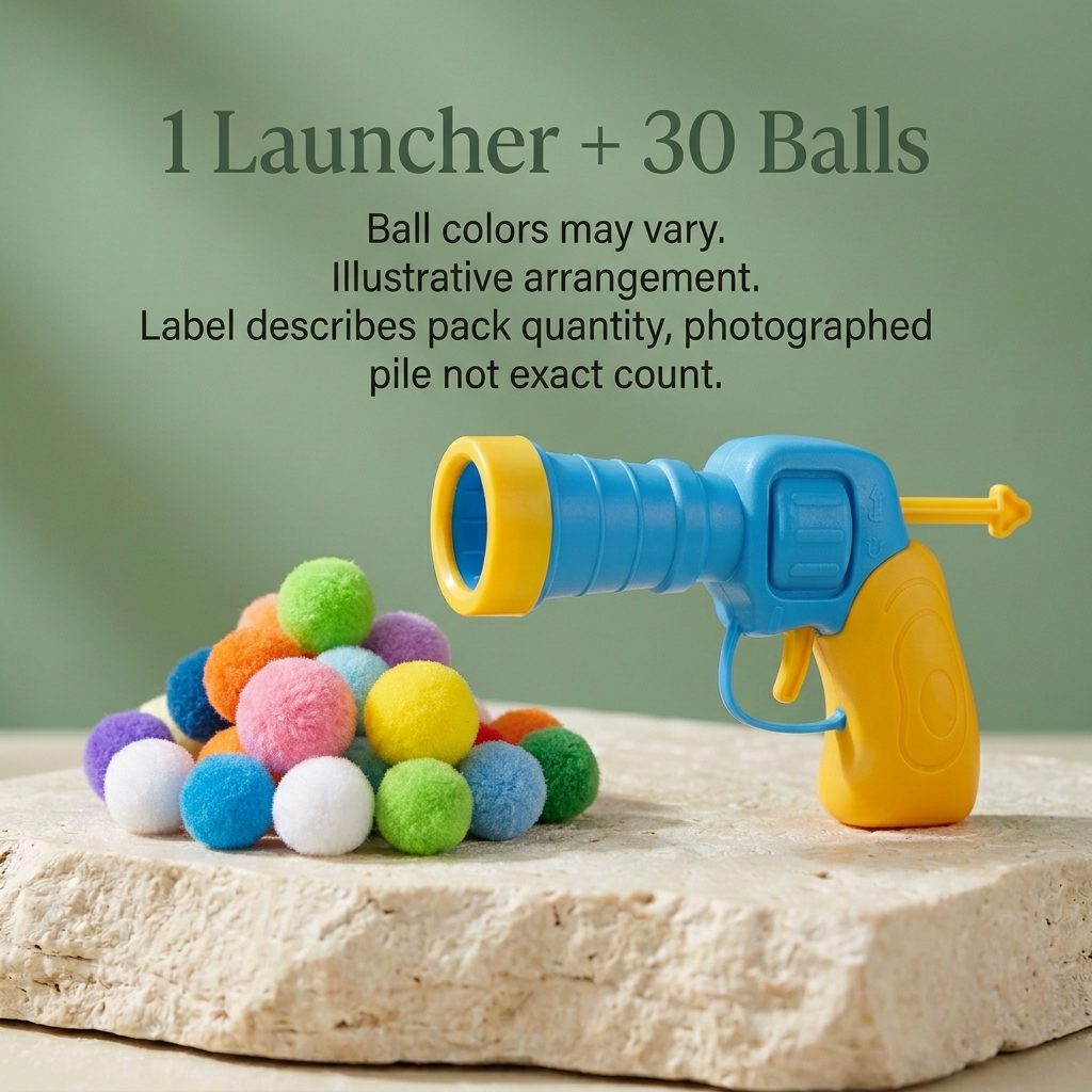 Cat launcher and illustrative pom-pom bundle labeled 1 Launcher plus 30 Balls