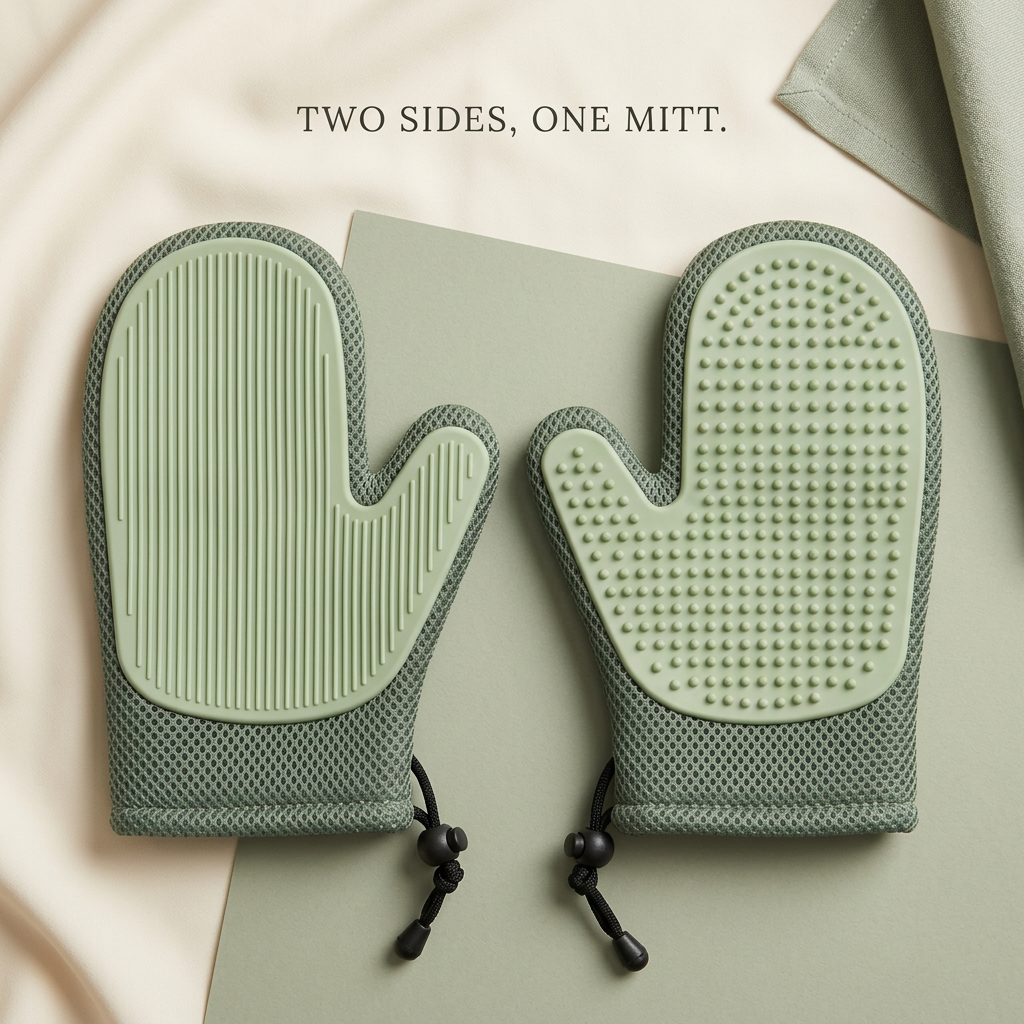 Two views of one double-sided mitt showing ribbed and nubbed surfaces; one mitt included