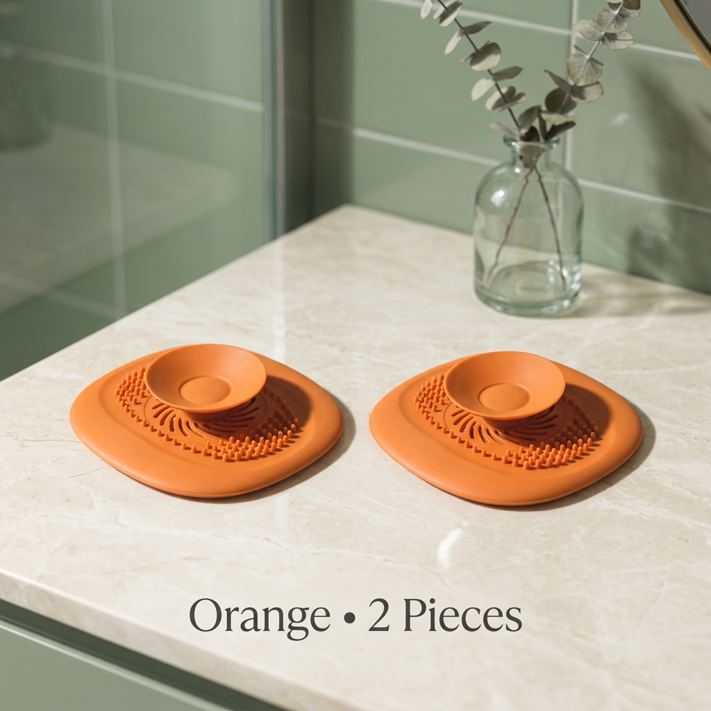 Two matching orange drain hair catchers labeled Orange 2 Pieces