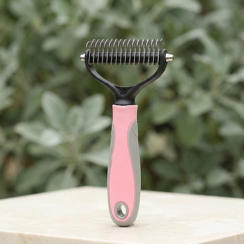 Pink large double-sided dog deshedding brush