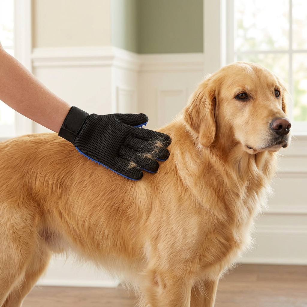 Golden retriever being brushed with a blue grooming glove