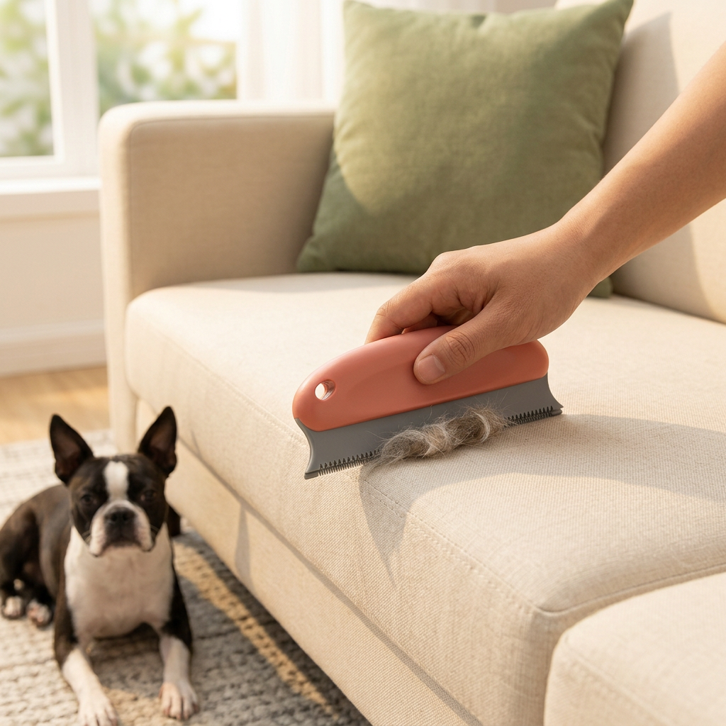 Coral hair remover gathering loose fur from a sofa with a Boston Terrier nearby