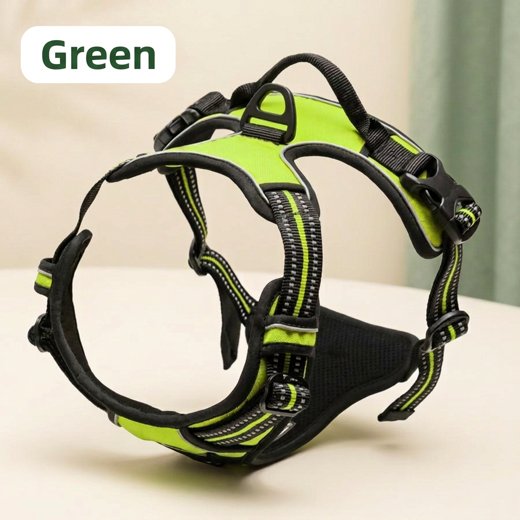 Green top-handle dog vest harness with Green color label