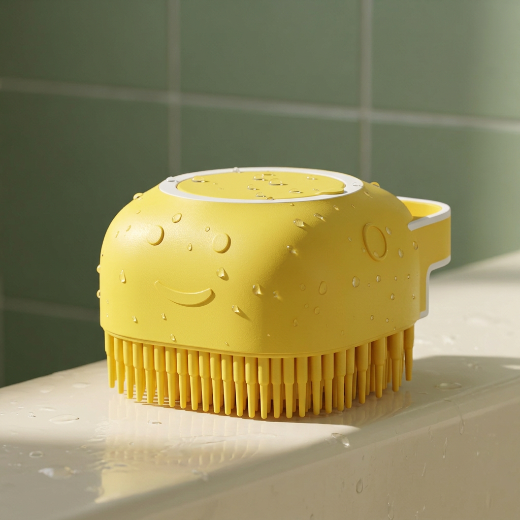 Yellow bathing brush with water droplets on a bathroom ledge
