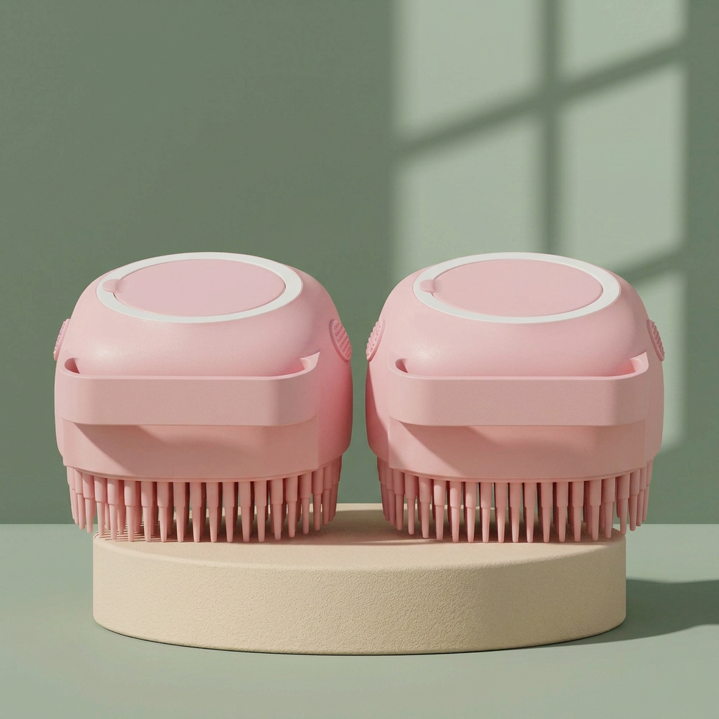 Two pink pet bathing brushes on a cream pedestal