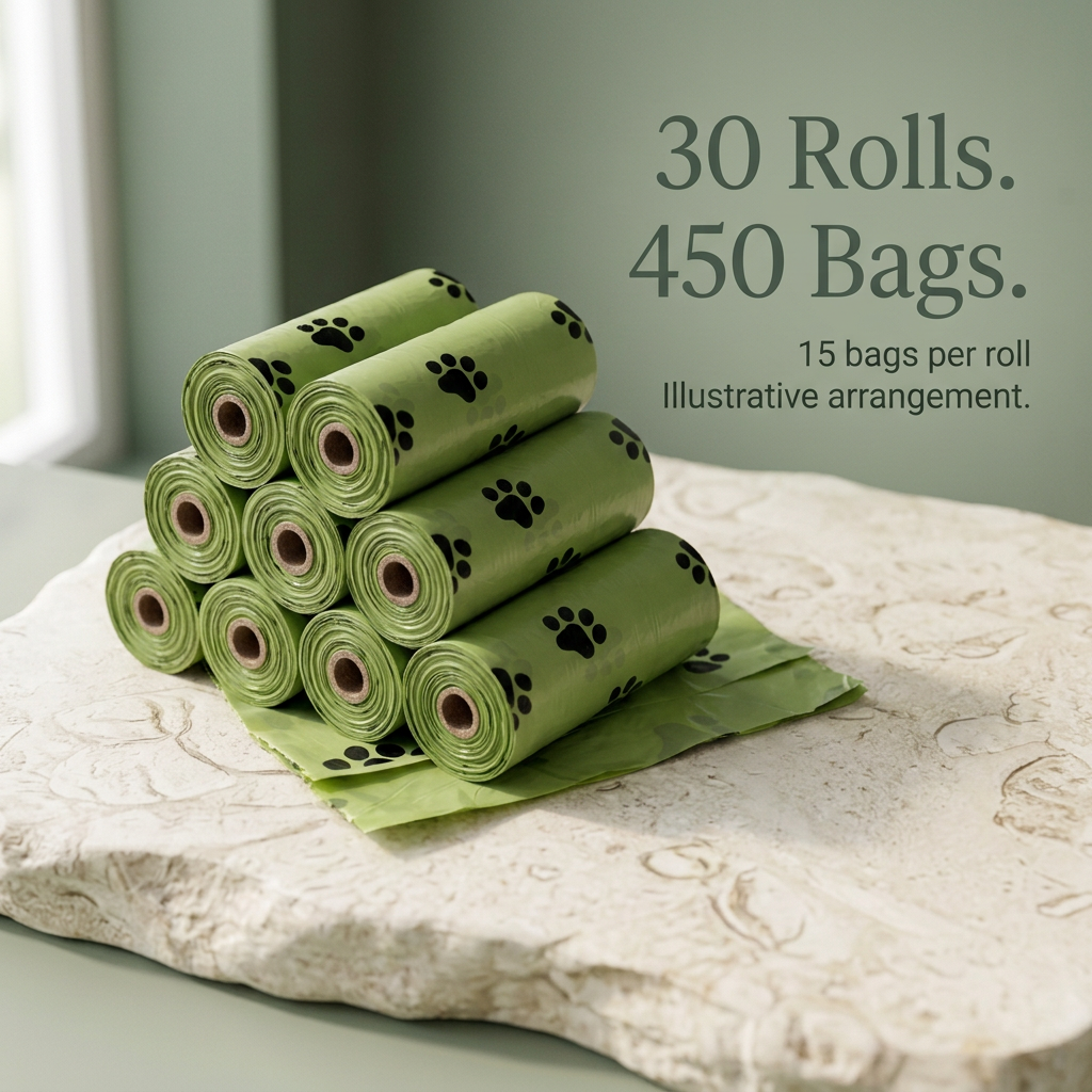 Illustrative bundle of green waste bag rolls labeled 30 Rolls and 450 Bags
