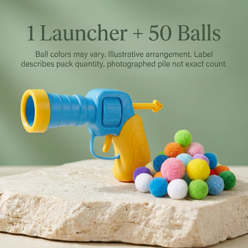 Cat launcher and illustrative pom-pom bundle labeled 1 Launcher plus 50 Balls