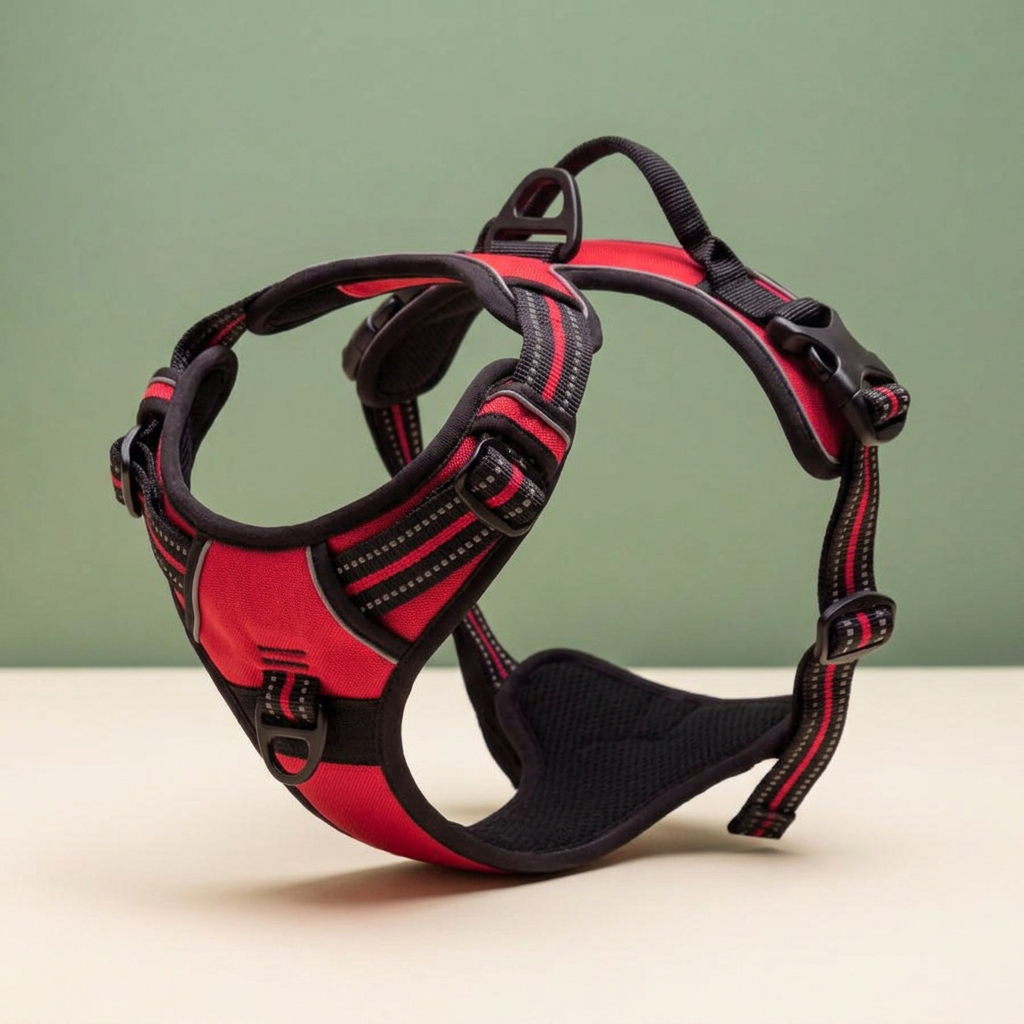 Front three-quarter product view of the red vest harness chest panel