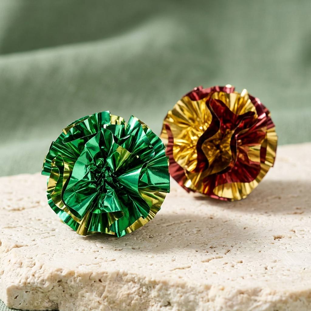Close-up of green and gold-red crinkle cat toy balls