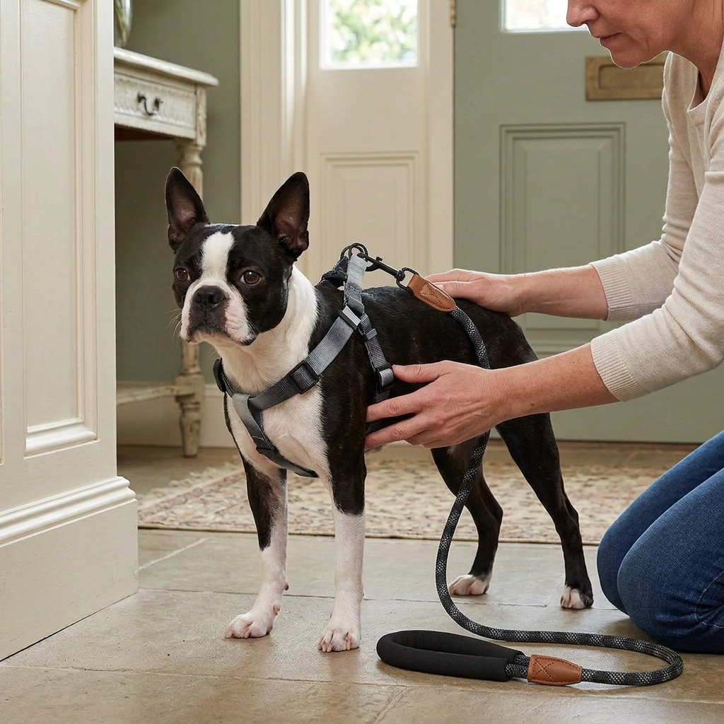 Adult checking the fit of a grey-black harness on a Boston terrier with matching leash