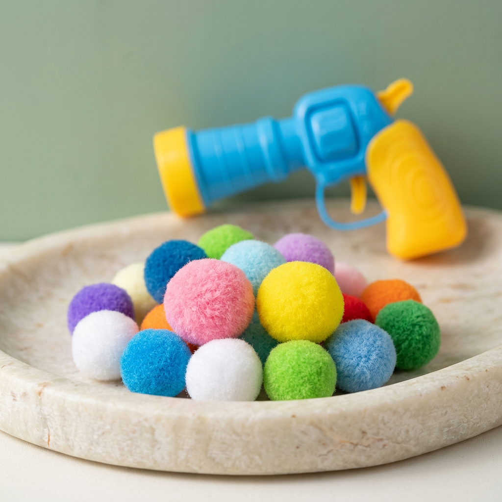 Close-up of fluffy colorful pom-pom balls with a cat launcher in the background