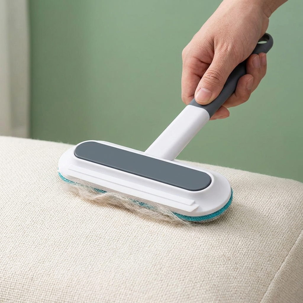 Adult gathering loose fur from an ivory sofa cushion with the brush
