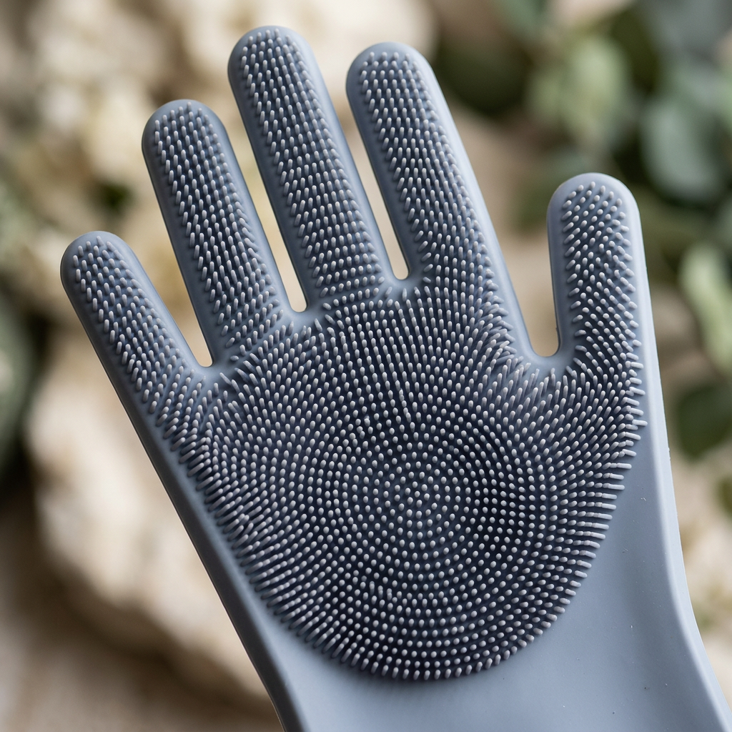 Close-up of fine bristles across the palm and fingers of a grey grooming glove