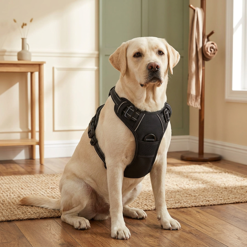 Cream Labrador wearing a black vest harness in an ivory and sage entryway
