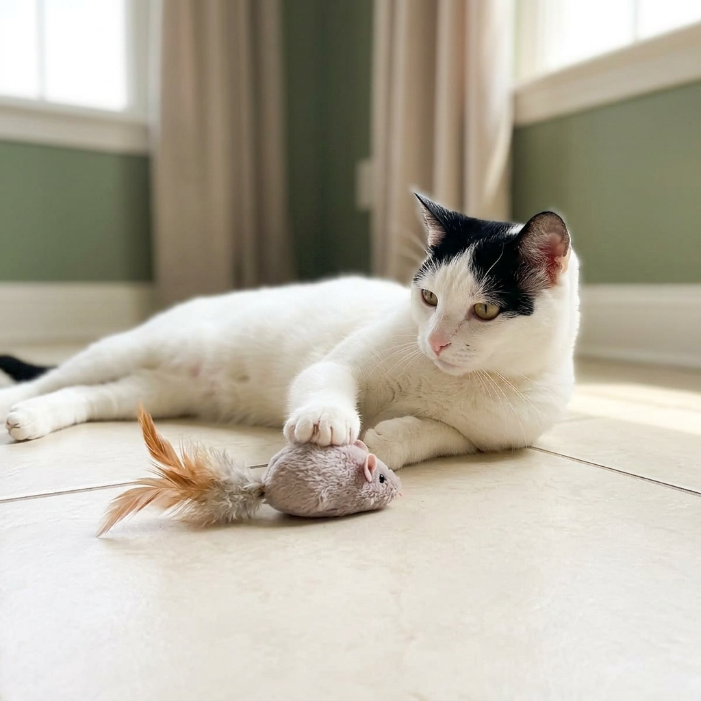 Black and white cat pawing a feather-tail mouse toy