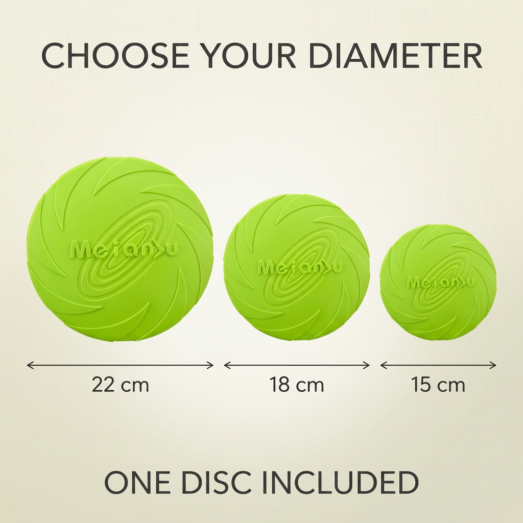 Flying disc diameter guide: 22 cm, 18 cm, and 15 cm; one disc included