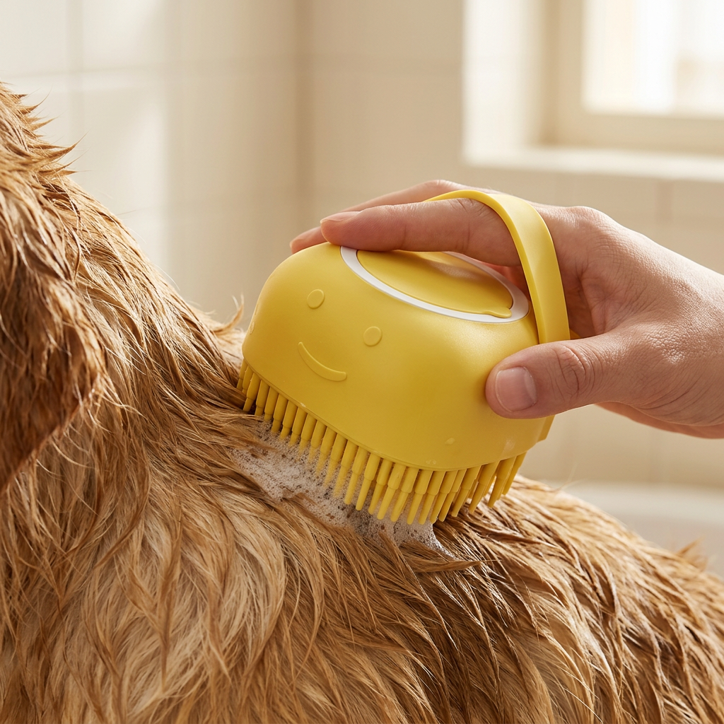 Yellow bathing brush working lather through a dog's wet coat