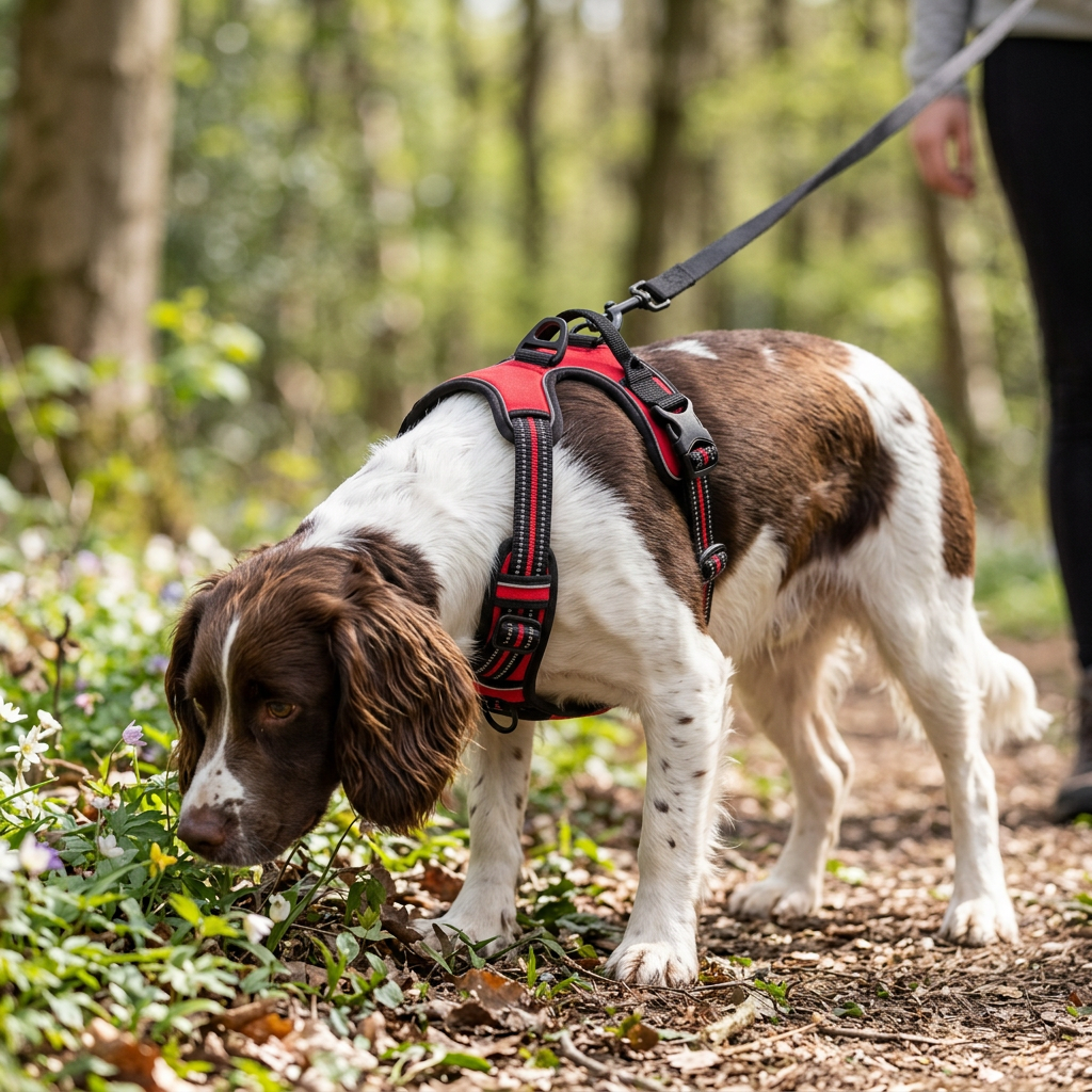 Springer Spaniel sniffing beside a woodland trail wearing the red vest harness