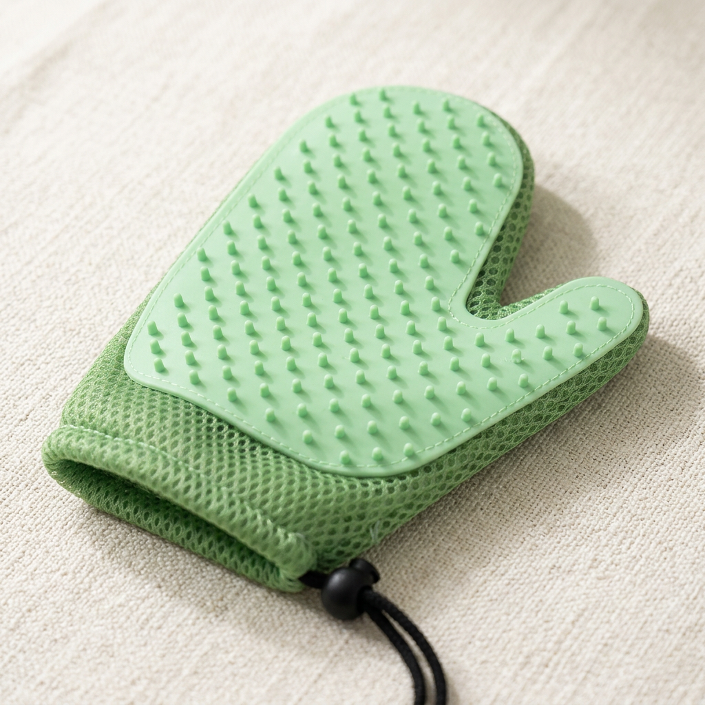 Close-up of light green grooming nubs and mesh fabric edging