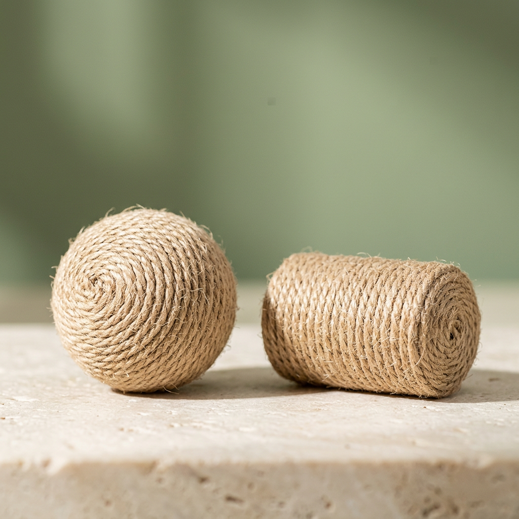 Example cord-wrapped ball and cylindrical cat toys