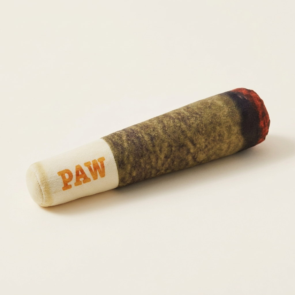 Single PAW cigar-shaped plush dog toy on a warm-white background