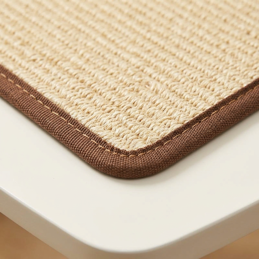 Stitching along the brown fabric binding of a sisal pad