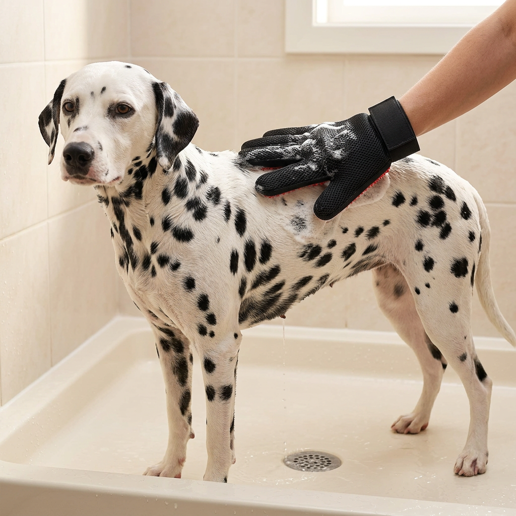 Dalmatian being bathed using a grooming glove