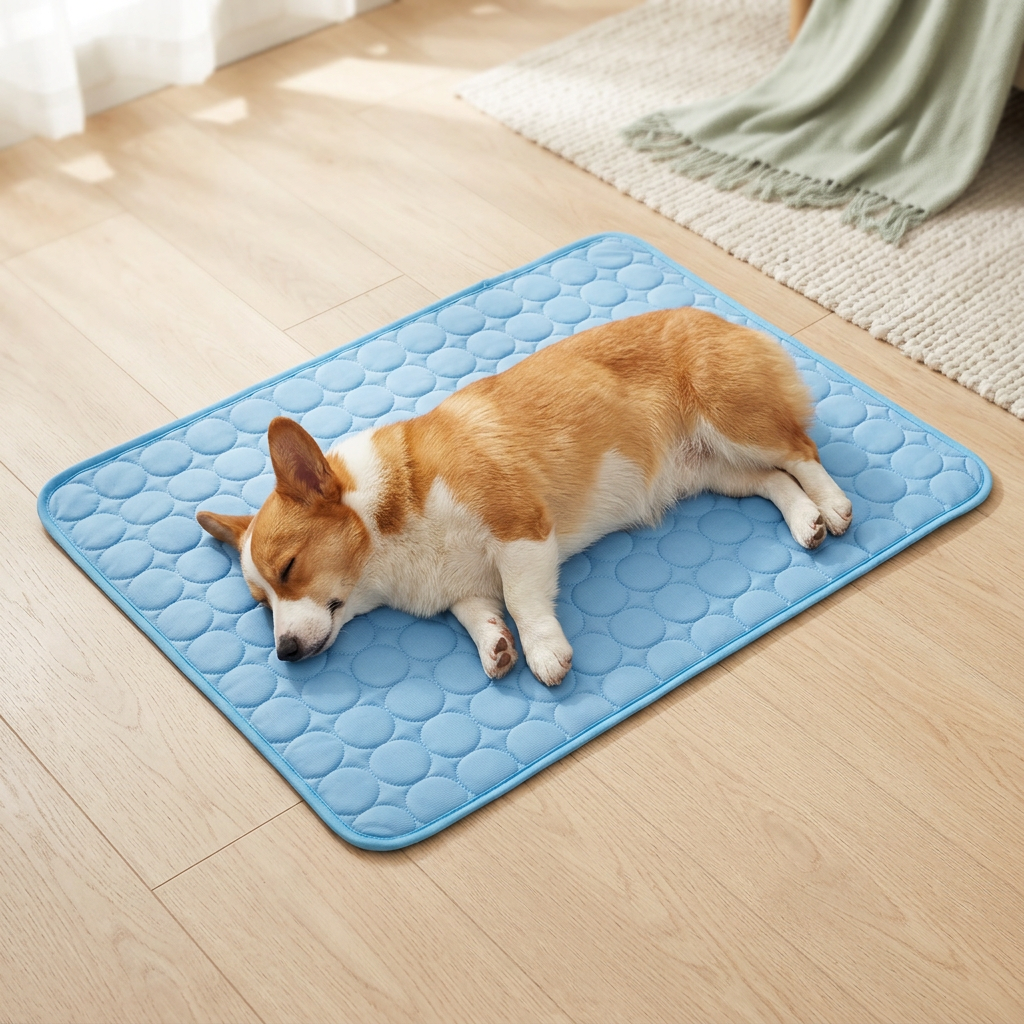 Corgi sleeping on a blue quilted pet mat