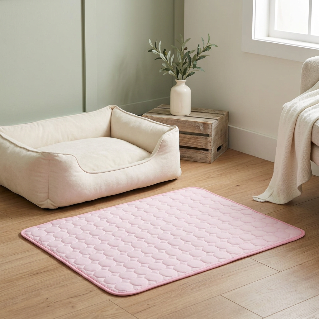 Pink pet cooling mat in a quiet resting nook