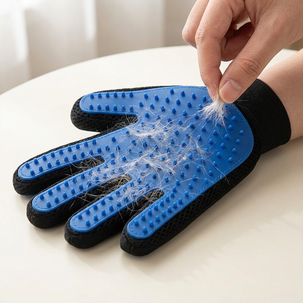 Collected loose fur being lifted from a blue grooming glove