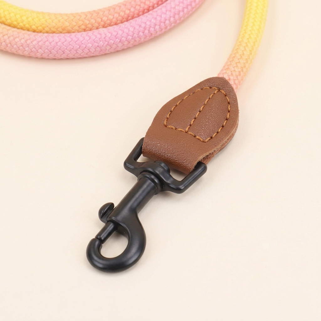 Pink-yellow rope leash with stitched connector and black snap
