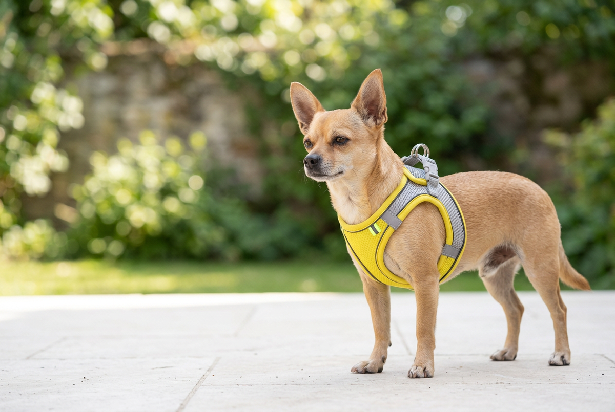 Small tan dog wearing a yellow and gray mesh harness on a sunlit patio