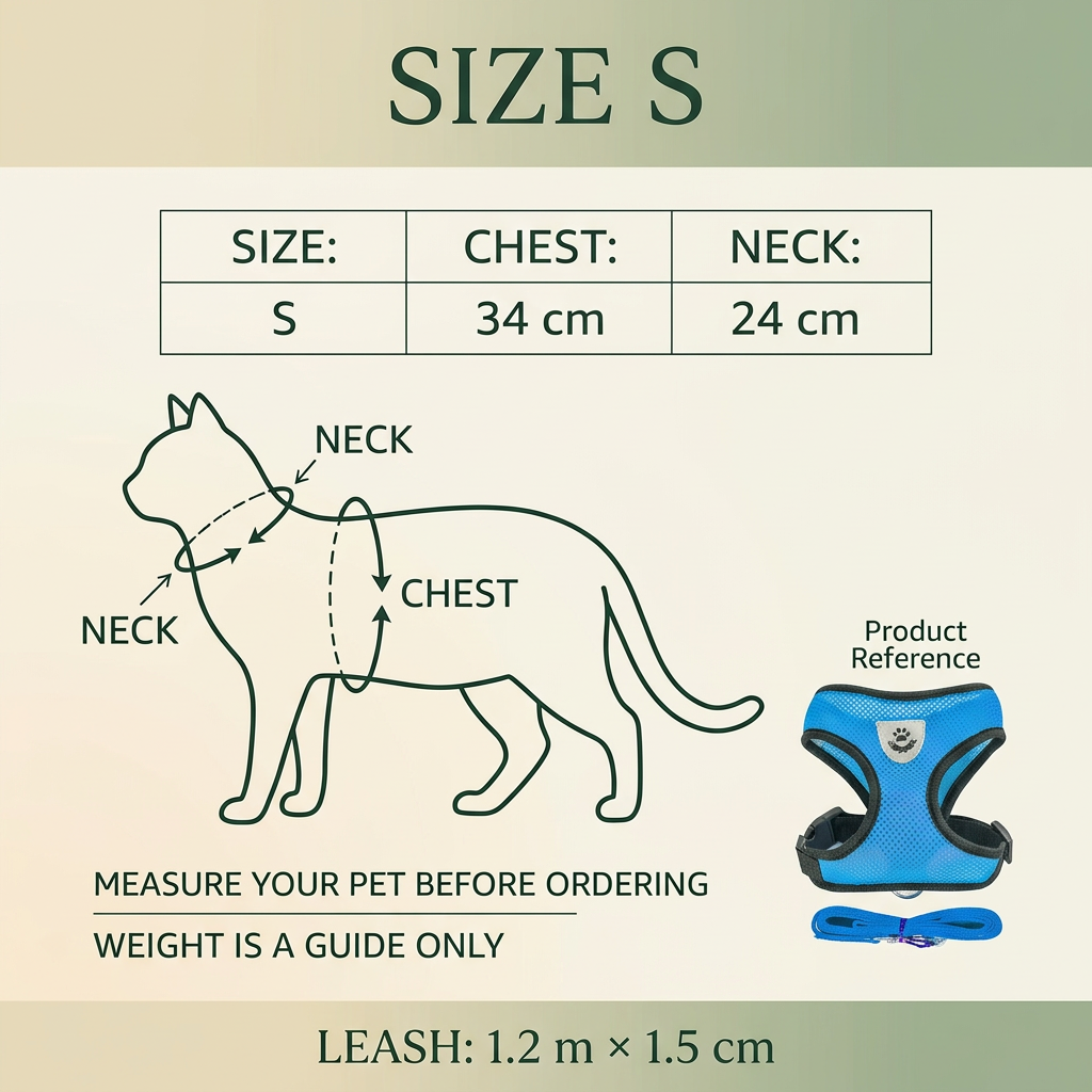 Size S guide: chest 34 cm, neck 24 cm; leash 1.2 m by 1.5 cm