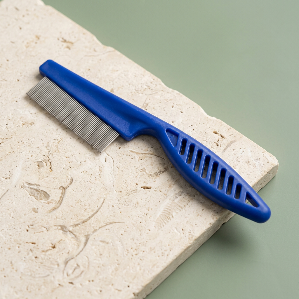 Blue handled flea comb with a single row of fine metal teeth
