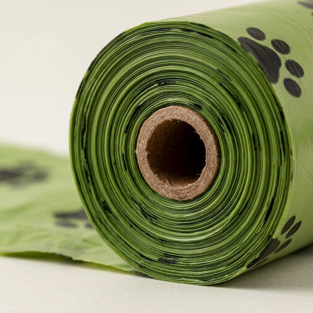 Close-up of the cardboard core and rolled layers of a green dog waste bag roll