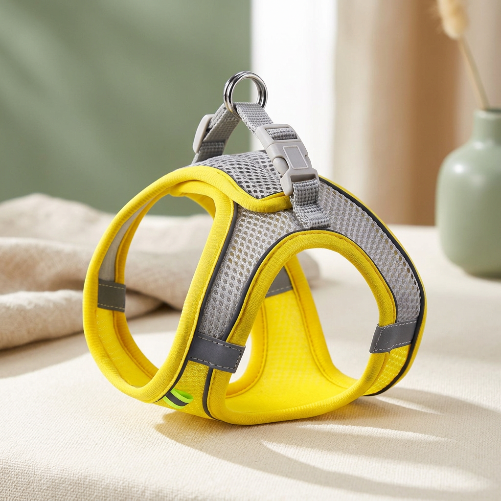 Yellow mesh pet harness on an ivory surface in natural light